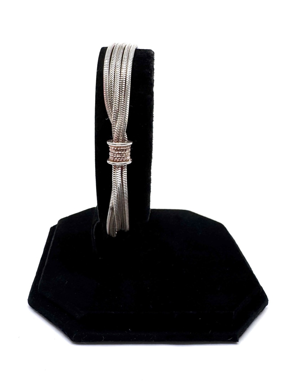Sterling Silver Multi-Strand Snake Chain Bracelet with Center Barrel Accent